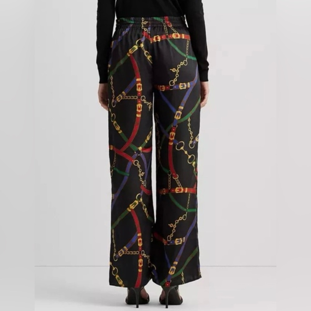 NWT Ralph Lauren Black with Chain&Belt Pattern Silky Pants Elastic Drawstring - Picture 3 of 5